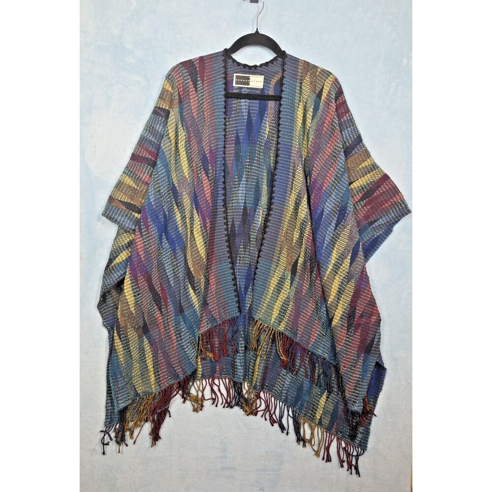 NEW Rhonda Stark Designer Multicolor Wrap Shawl Poncho Cape ONE SIZE Fringe Boho